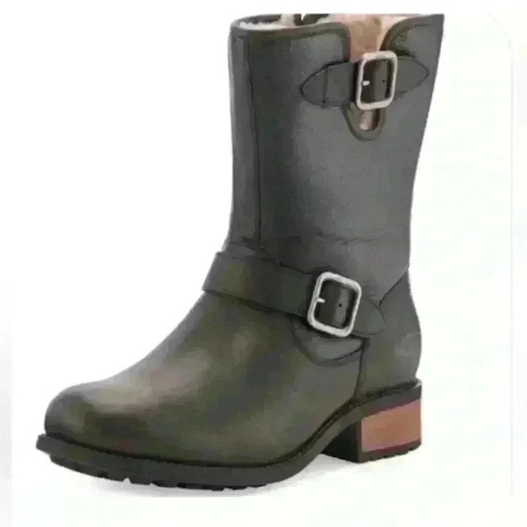 UGG Chaney Oiled Leather Boot in Black with Zipper and Buckle Details